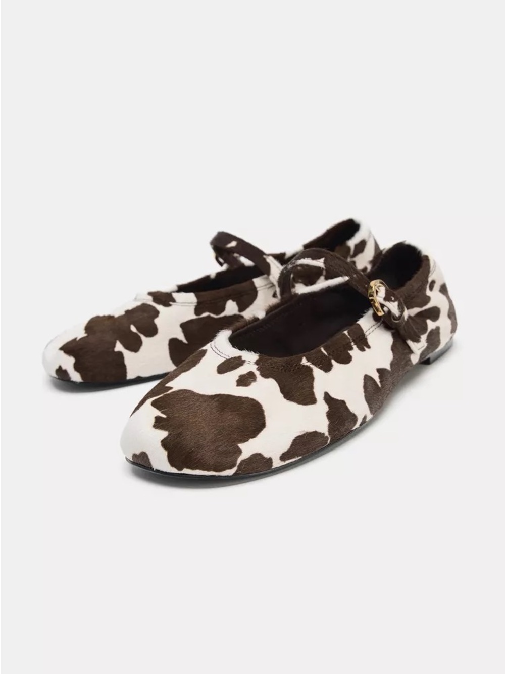 Zara Brown and White Cow-Print Mary Jane Flats